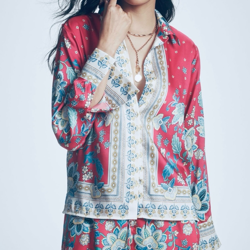 Maeve Bright Pink Floral Printed Scarf Silky Long Sleeves PJ Blouse Top XXS